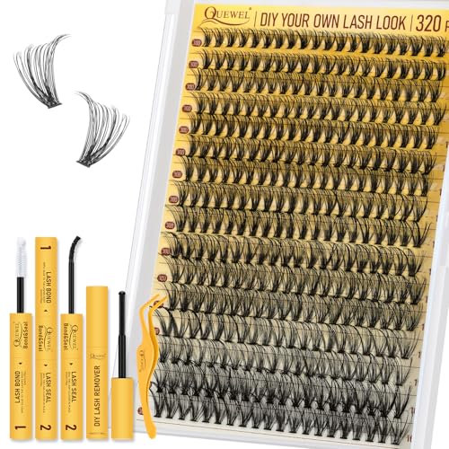 QUEWEL Clusters Lashes Kit 320 Pcs Individual-Lashes Kit, Lash-Clusters Bond and Seal Waterproof, Eyelash Clusters Applicator with Cluster-Lashes Glue Remover at Home (QD-30D-kit)