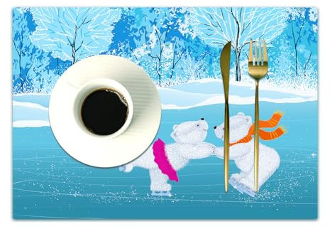 DASNK 4er Set Platzsets 30x45cmRutschfest Abwaschbar Tischmatten PVC Abgrifffeste Hitzebeständig Tischsets,Platz-Matten für küche,Cartoon, Kleine Eisbären Laufen Schlittschuh auf dem zugefrorenen See