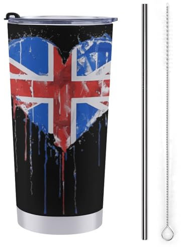 United Kingdom UK Flag Heart Travel Coffee Mug Stainless Steel Insulated Tumbler Lightweight Cup with Lid And Straw 20 Oz