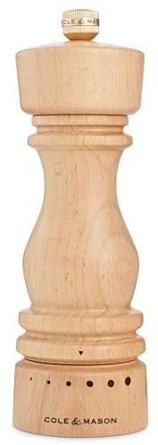 Cole & Mason London Pfeffermühle Holz 18 cm, Mahlgrad-Auswahl, Gewürzmühle | Precision+ Karbonstahl-Mahlwerk mit verstellbarem Mahlgrad, Manuelle, natürliches Buchenholz, Lebenslange Mechanik-Garantie
