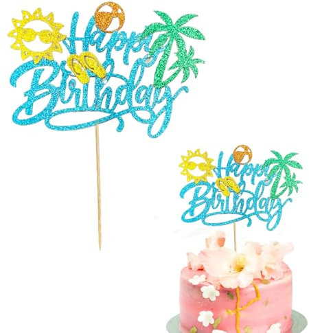 1Pcs Happy Birthday Cake Topper Tropical Hawaiian Glitter Sun Palm Tree Slippers Cake Decoration Birthday Party Topper Decor for Summer Fruit Theme Boys Girls Birthday Party Supplies