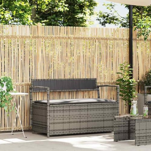 Fasba Gartenbank mit Stauraum und Kissen Grau Poly Rattan, Parkbank Sitzbank Gartenmöbel Balkonbank Bank Terrassenbank