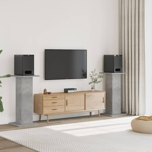 Gecheer Supports de Haut-parleurs 2 pcs Gris béton Bois d'ingénierie, Paire de Pieds d'Enceintes, Support D'enceinte Universel Type D