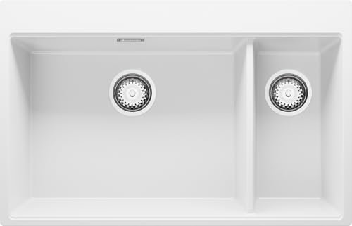 PRIMAGRAN Lavello da Cucina Bianco 78x50cm, Lavandino in Granito a 2 vasche + Sifone Classico, Lavabo Incasso al mobile 80cm - Oslo Duo S002