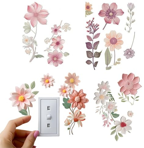 CharmBurst 4 Piezas Adhesivos para Interruptores de Luz Flores, Protectores de Pared para Interruptores, Pegatinas de Pared Florales PVC Decoración, Protección para Interruptores en Casa, Cubierta