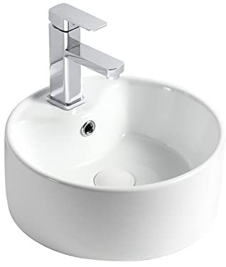 Lavabo sobremueble Fregadero de baño redondo de 15.7 '' con grifos Fregaderos de baño sobre encimera, Fregaderos de recipiente de baño blancos, Fregadero de recipiente de cerámica, Fregadero de encime