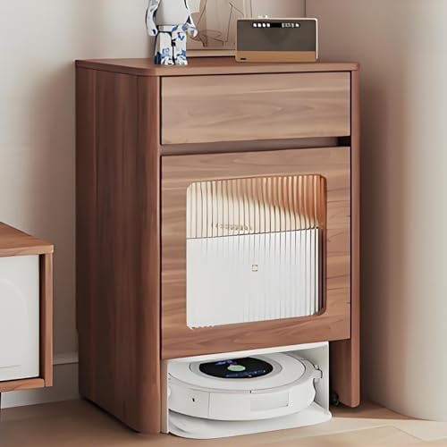 Kaverno Storage Cabinet with Doors and Drawers for Robot Vacuum Cleaner, Solid wood Modern Robot Vacuum Cabinet with Wheels for Water Change for Living Room Kitchen(Brown)