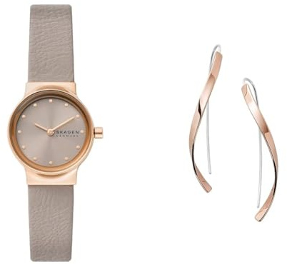 Skagen Damen Freja Lille Graue Lederuhr und Kariana Roségoldfarbene Edelstahl Ohrringe, Set