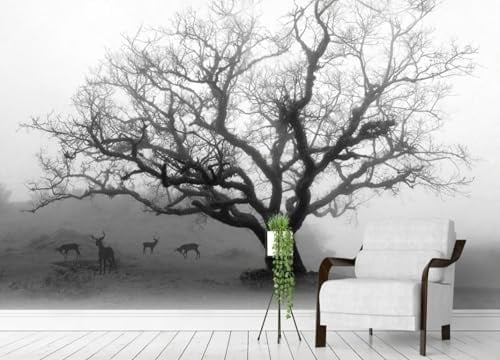 CLVIUJLBKLKSDD Papier Peint Panoramique Grand Arbre Noir Et Blanc 200cmx140cm Forêt De Cerfs Paysages En Noir Et Blanc Tableaux Muraux Tapisserie Chambre Salon Décoration Murale