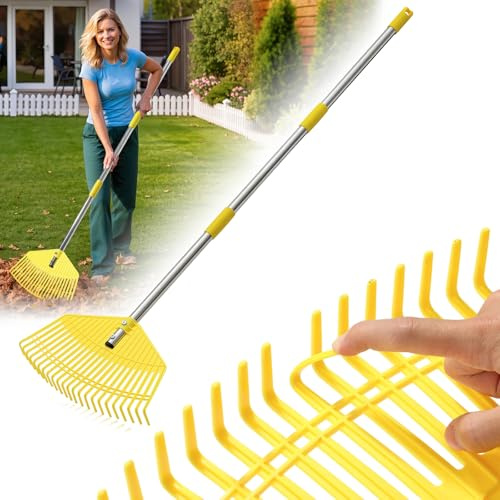 Garden Leaf Rake for Leaves - 42cm Wide Nylon Plastic Head,128.5cm Adjustable Lightweight Handle for Women Seniors Kids,23 Flexible Lawn-Friendly Tines for Grass,Pine Needle,Mulch,Small Debris