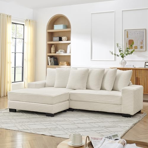 LAKFEW Ecksofa Sofa mit Schlaffunktion, Schlafsofa mit 6 Kissen, Schlafcouch Eckcouch, Couch L Form, Wohnzimmer Möbel, Cord, 256.5x133.5x89 cm, Beige