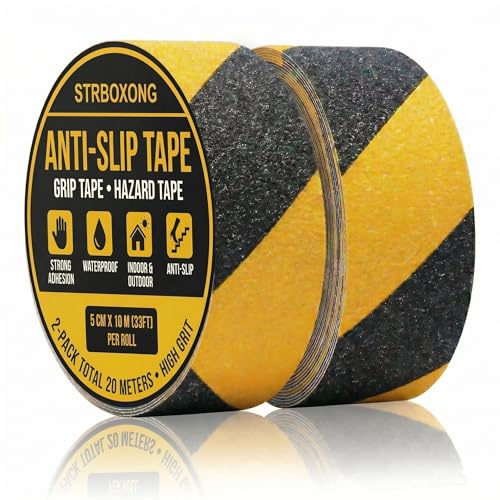 STRBOXONG 2 Rollen Anti Rutsch Klebeband Schwarz Gelb (50mm x 10m) - Grip Tape für Treppenstufen Außen & Innen - Wasserfeste Anti Rutsch Streifen & Warnband für Stufen, Leitern & Rampen