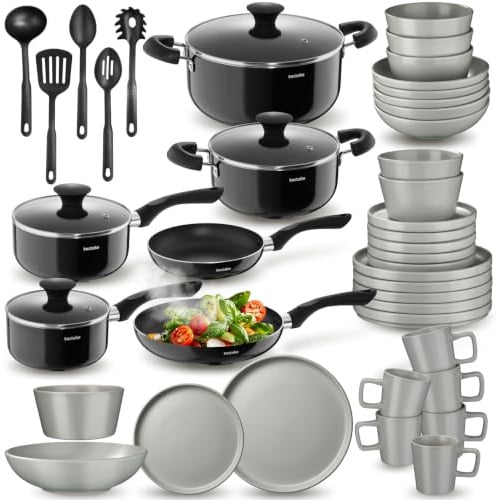 tectake® Küchenstarterset 6 Personen, Steingut Geschirr Set, Teller, 4 Töpfe 2 Pfannen rostfreies Aluminium, Kochtopf Set, Töpfe Set, kratzfest, inkl. 5 Küchenwerkzeuge - grau/schwarz, 45-tlg