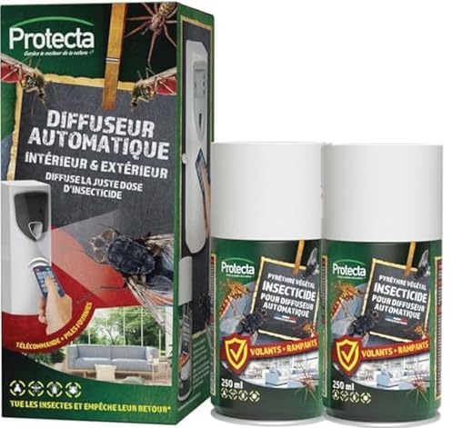 Protecta® - Kit Diffuseur Insecticide Automatique Programmable + Aérosol Pyrèthre 250 ml - Anti-Mouches, Moustiques & Insectes Volants et Rampants - Protection 24h/24 (1 diffuseur + 2 aérosols)