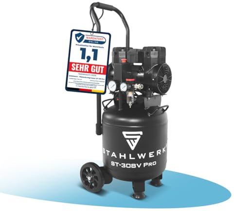 STAHLWERK Compressore con serbatoio da 30 L (ST-308V Pro) – senza olio & silenzioso, 8 bar, compressore d'aria con motore brushless, 1,97 CV, 1,45 kW, 250 l/min, compressore a pistoni silenzioso