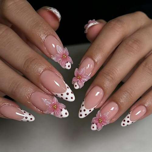 Tastetreasure 24 Pcs Spring 3D Floral Press on Nails Almond, Pink French Tip Glue on Nails with Polka Dots, Medium Reusable Fake Nails Kit with Gems, Jelly Glue and Nail File for Women Girls