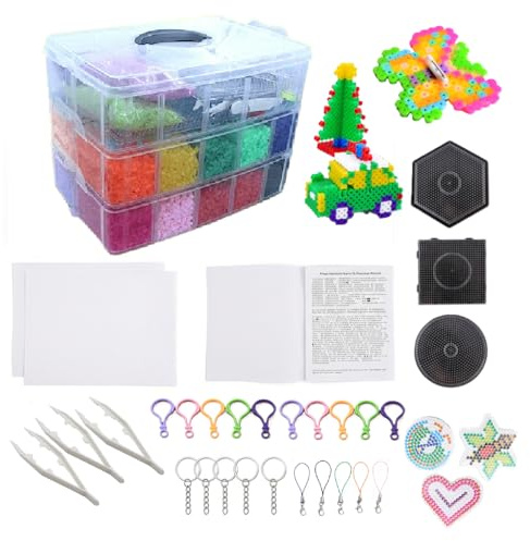 Fuse Beads Set, 10146 Pcs 26 Colours Iron Beads for Kids with Pegboards, Tweezers, Pattern Guide, Ironing Papers and Keyrings, Fuse Bead Craft Kit for Boys Girls DIY Crafts (24 Colors)