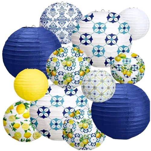 Tsffae Zitronenpapierlaternen, Partydekoration, 12 Stück, Amalfi-küste, Gelb-Blaue Fliesen, Mediterrane Hängedekoration