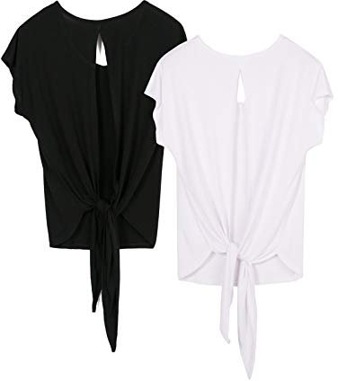 icyzone Damen Rückenfrei Yoga Top Fitness Sport Kurzarm Shirt Oberteil Casual T-Shirt Loose Fit, 2er Pack (L, Black/White)