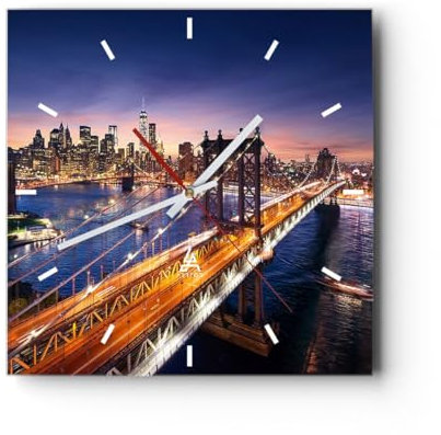 Modern Wanduhr Usa Amerika New York Manhattan 40x40cm Quadrat Groß Wand Uhr Glas Analog Zimmeruhren Küche Büro Wohnzimmer Glasuhr Wall Clock Dekoration Design Wanddekoration Küchenuhr C3AC40x40-2820