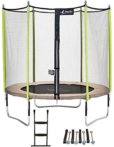 Kangui - Trampoline de Jardin 244 cm + Filet de sécurité + échelle + kit d'ancrage JUMPI Taupe/Vert 250