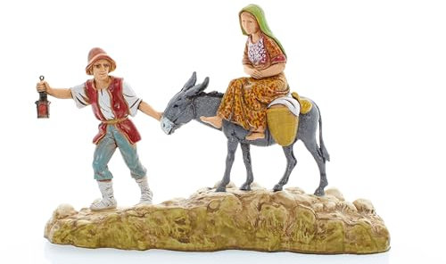 Moranduzzo Familie auf der Flucht mit Esel für Krippe 10 cm Maßstab 1:20 - Unzerstörbare Krippenfiguren - Stil 700', Handbemalt, Offizielles Produkt, Hergestellt in Italien, Bildhauer M. Landi