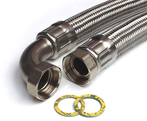 Panzerschlauch 1 1/4ÜM x 1 1/4ÜM mit Bogen, DN32, Edelstahl, Länge 30 cm, Made in Germany