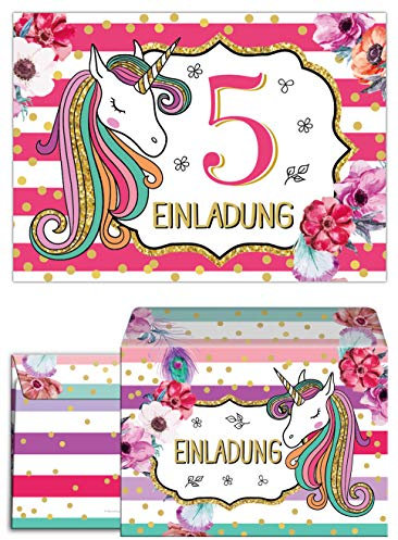 Junaversum 12 Einladungskarten incl. 12 Umschläge zum 5. Kindergeburtstag Mädchen Einhorn Unicorn Einladungen zum fünften Geburtstag fünfte