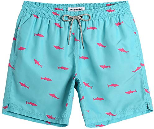 MaaMgic Badehose Herren Schnelltrocknende Badeshorts Jungen Strand Strandurlaub Surf Freizeit Laufen Sport mit Netzfutter Taschen einstellbare Kordelzug MEHRWEG-L-Hai Hellblau