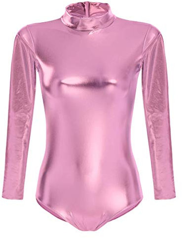 Ballettanzug Damen Frauen Langarm Body Ballett Trikot Turnanzug Gymnastikanzug Tanzen Bodysuit Tanztraining Gymnastik Kostüm Einteiler Metallic One Piece Leotards Oberteile Rosa XL