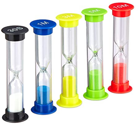Relaxdays 10027713 Sabliers Lot de 5 pour Enfants, Timer brossage des Dents, Minuteur à thé, x 5 Horloges de Sable, Multicolore