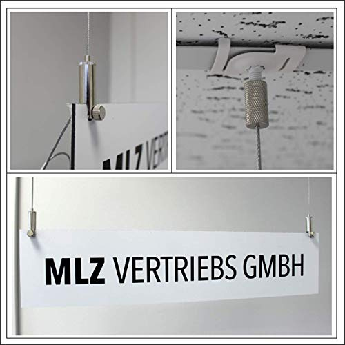 Zweifach Abhängeset für Spuckschutz/Displays/Platten/Schilder bis 6mm für Rasterdecken weiss, Ø1,5mm, Länge 1500mm | vernickelt