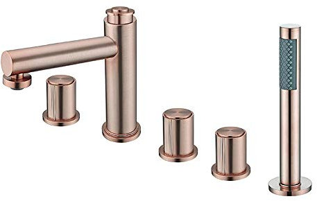 Teilt Badewannenarmatur Messing Duschhahn Set 3 Griff 5 Löcher Badezimmer Armatur Deck Montiert Badewanne Wasserhahn mit Hoher Druck Handbrause,Champagne Gold