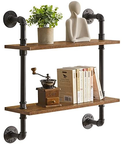 YMYNY Wandregal, 2-stöckiges Schweberegal Holz Wandboard im Retro-Industrie Design, 60 cm, stabil, Metallrahmen, Bücherregal Wanddeko, Aufbewahrung, für Schlafzimmer Küche Badezimmer HD-HRF-TM004