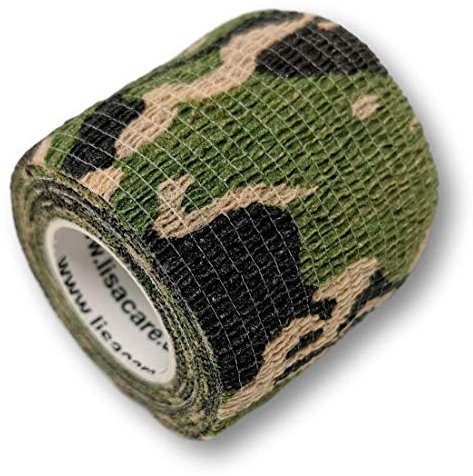 LisaCare Tarnband selbsthaftend - 12 Rollen, 5cm breit - Medizinprodukt - Tape Bandage steril atmungsaktiv wasserfest mit Farb- & Motivauswahl (Camo Grün)