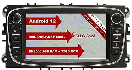 M.I.C. AF7-Lite Android 12 Autoradio mit Navi Navigation Ersatz für Ford Focus mk2 Mondeo Cmax Galaxy Smax :DSP DAB Plus Bluetooth 5.0 WiFi 2 din 7 IPS Bildschirm 2G+32G USB sd mirrorlink zubehör