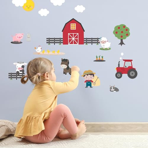Klebekerlchen® | Wandtattoo Kinderzimmer Mädchen & Junge, Wandsticker selbstklebend, wiederverwendbare Kinderzimmer Deko, Wandtattoo Traktor - Sticker Bauernhof Tiere (Set mit 26 Motiven)