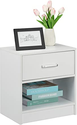 Relaxdays Table de Nuit, tiroir, Compartiment Ouvert, HLP 41,5 x 39 x 31 cm, Meuble d’appoint, Chambre à Coucher, Blanc
