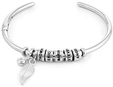MYKA Personalisierten Kreisanhänger-Armreif mit Blatt und Beads™ aus Sterling Silber 925 / Vergoldet - Geschenk für Damen - Mutter - Freundin (925er Sterling Silber)