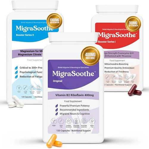 Riboflavin 400mg Magnesium Citrate and CoQ10 Capsules - MigraSoothe 3-Part Supplement Stack for Adults - Vitamin B2, Magnesium and Coenzyme Q10-2 Month Supply, Vegan, UK Made