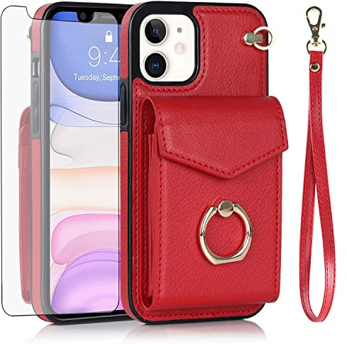 Asuwish Phone Case for iPhone 11 6.1 Wallet Cover with Tempered Glass Screen Protector and RFID Blocking Ring Card Holder TPU Cell Accessories iphone11case iPhone11 i Phone11 11s XI 11R Women Men Red
