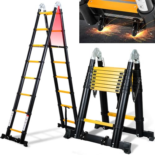 Cecaylie 5M (2.5+2.5) Teleskopleiter mit Abnehmbaren Rädern und Stabilisatoren, Rutschfester Mehrzweckleiter Tragbar Alu Teleskopleitern Max Belastung 150 kg (Schwarz)