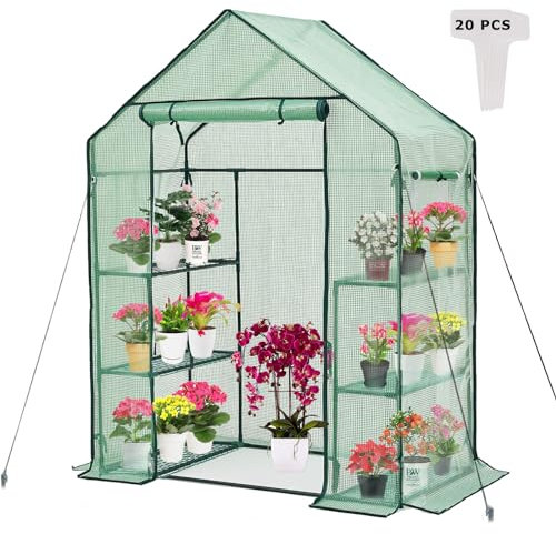 Purlyu Begehbares Gewächshaus für den Außenbereich mit Netz-Seitenfenster, 3 Ebenen, 6 Regale, Pflanzenständer, PE-Abdeckung, Blumen, 20 Stück T-Typ-Pflanzenanhänger enthalten (GHW001G)