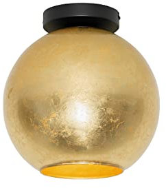 Qazqa - Design Design-Deckenleuchte I Deckenlampe I Lampe I Leuchte schwarz mit Gold I Messingenem Glas – Bert I Wohnzimmer I Schlafzimmer - Rund - LED geeignet E27
