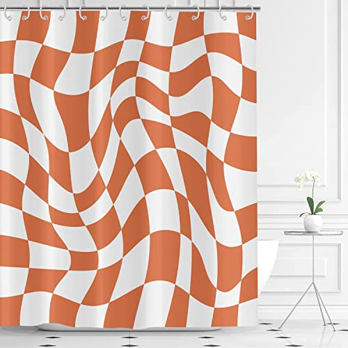 Hnmdmyi Rideau de Douche Orange Groovy Damier 180x200, 70s Retro Moderne Abstrait Psychédélique Groovy Ondulé Esthétique Hippie Funky Imperméable Polyester Tissu Lavable Rideau de Baignoire