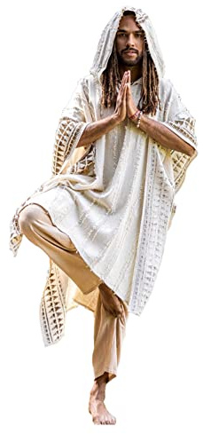 AJJAYA Akkad Beige handgefertigte zeremonielle Kapuzenponcho -Kapuze -Taschen Veganer Baumwollblock gedruckte Stammesmuster natürlich gefärbter Festival Viking