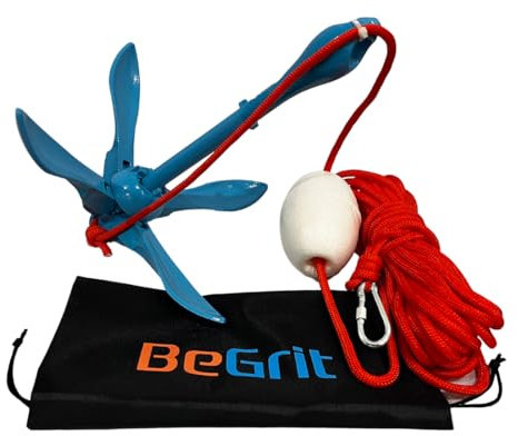 BeGrit Kit Anclaje Plegable de Barco 1.5KG Ancla Kayak Moto de Agua Acero al Carbono Foldable Anchor con Bolsa de Transporte e Cuerda de Remolque DE 10 m para Sup Paddle Board Canoa Jet, Azul