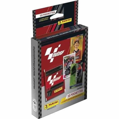 Panini 004616KBF10 Cars Moto GP 2023 Aufkleber Blister 10 Hüllen + 1 Karte Limited Edition, Buchstabendruck