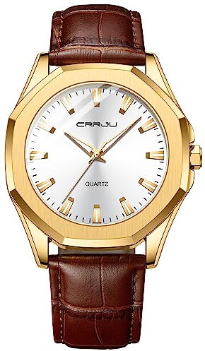 CRRJU Herren Uhren Wasserdicht Armbanduhr Herren Schwarz Lederband Analog Quarz Luxus Business Männer Uhr (Gold weiß)