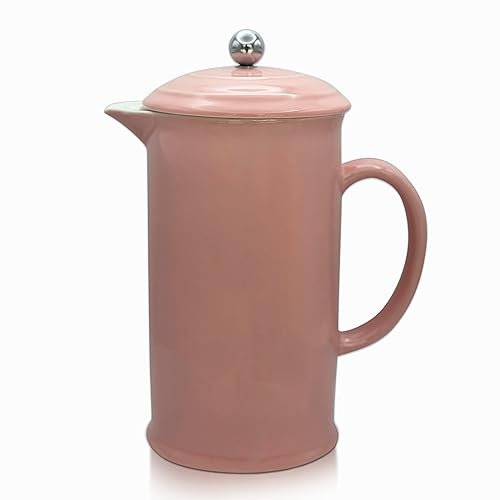 French Press Coffee Maker Stoneware Vintage Cafetiere 34 Ounces Insulated Heat Retention Dishwasher Safe (Pink)